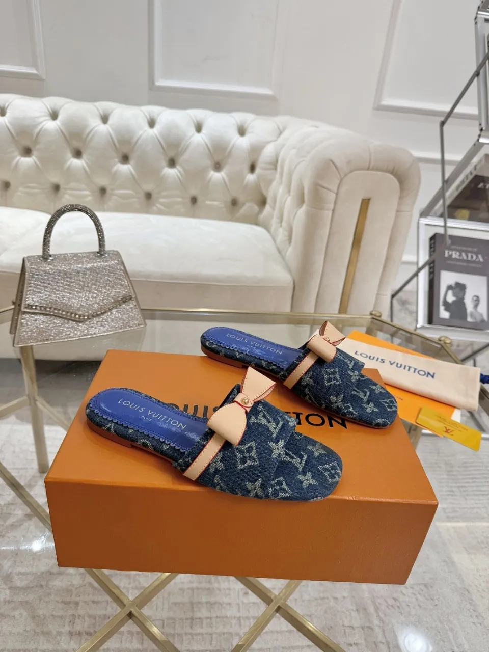 👟👟Ex-factory price 340👟👟 Genuine leather sole +40 Lv denim jacquard slippers, ex-factory price 70-43 Leather sole +40